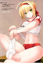 Rule 34 | 1girl, :o, absurdres, ahoge, barefoot, blonde hair, blush, braid, breasts, buruma, clothes lift, clothes pull, cowboy shot, fate/grand order, fate (series), feet, fingernails, flying sweatdrops, french braid, green eyes, grey background, groin, gym shirt, gym uniform, hair between eyes, hair bun, hair intakes, hairband, headband, highres, looking down, medium breasts, midriff, name tag, nero claudius (fate), nero claudius (fate) (all), nero claudius (fate/extra), nero claudius (olympian bloomers) (fate), no bra, official alternate costume, open mouth, pulled by self, red buruma, ruton-niki, scan, shirt, shirt lift, shirt pull, short sleeves, sidelocks, simple background, single hair bun, sitting, soles, solo, steam, sweat, t-shirt, thighs, toes, tsurime, underboob, underwear, white shirt