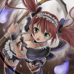 Rule 34 | 00s, 1girl, airi (queen&#039;s blade), airi (queen's blade), airi (the infernal temptress), angry, bad id, bad pixiv id, bow, breasts, brown hair, cleavage, green eyes, hamoto, queen&#039;s blade, solo, thighhighs, torn clothes, torn thighhighs, twintails