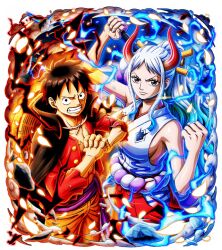 Rule 34 | 1boy, 1girl, bare shoulders, black cloak, black hair, brown eyes, clenched hand, cloak, game cg, horns, japanese clothes, looking at viewer, medium hair, monkey d. luffy, official art, one piece, one piece treasure cruise, oni horns, open clothes, open shirt, red shirt, shirt, teeth, white hair, yamato (one piece)