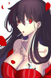 Rule 34 | 1girl, absurdres, breast tattoo, breasts, candy, cleavage, collarbone, colored skin, dress, food, food in mouth, grey background, hair between eyes, highres, jewelry, large breasts, lollipop, long hair, looking at viewer, necklace, original, paperfinger, petals, red dress, red eyes, saliva, simple background, solo, tattoo, upper body, white skin