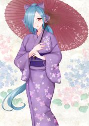 Rule 34 | .live, 1girl, :d, blue hair, bow, commentary request, floral print, hair bow, hair over one eye, high ponytail, holding, holding umbrella, japanese clothes, kimono, long hair, long sleeves, looking at viewer, obi, oil-paper umbrella, open mouth, ponytail, print kimono, print umbrella, purple bow, purple kimono, red eyes, red umbrella, saruton, sash, smile, solo, umbrella, very long hair, virtual youtuber, wide sleeves, yamato iori, yamatoiori