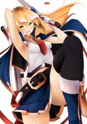 Rule 34 | 1girl, arm up, armpits, ass, bad id, bad pixiv id, belt, black thighhighs, blazblue, blazblue: chronophantasma, blonde hair, blue cape, blue footwear, bolverk, boots, breasts, cape, dual wielding, gloves, green eyes, gun, hair ornament, handgun, highres, holding, holding gun, holding weapon, knee boots, leg up, long hair, looking at viewer, necktie, noel vermillion, open mouth, pleated skirt, red necktie, simple background, skirt, sleeveless, small breasts, snm (sunimi), solo, teeth, thighhighs, weapon, white background, white gloves