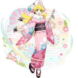 Rule 34 | 1girl, :d, android, blonde hair, cinnamon (mega man), festival, floral print, flower, full body, green eyes, hair ornament, happy, hat, headgear, helmet, highres, holding, japanese clothes, kimono, long hair, long sleeves, looking at viewer, mega man (series), mega man x (series), mega man x dive, mizuno keisuke, new year, obi, official art, open mouth, robot, robot ears, sandals, sash, smile, solo, third-party source, transparent background, wide sleeves, yukata
