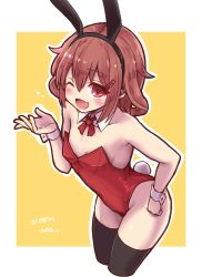 Rule 34 | 1girl, animal ears, black thighhighs, blush, brown eyes, brown hair, cropped legs, dated, detached collar, fake animal ears, fake tail, fang, hair between eyes, hair ornament, hairclip, highres, ikazuchi (kancolle), kantai collection, leotard, one eye closed, open mouth, playboy bunny, rabbit ears, rabbit tail, red leotard, short hair, skin fang, smile, solo, tail, thighhighs, unagiman, wrist cuffs