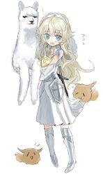 Rule 34 | 1984 (artist), 1girl, alpaca, animal, armor, armored boots, black souls, blonde hair, blue eyes, blush, boots, dress, embarrassed, fluffy (black souls), flying sweatdrops, full body, gauntlets, hairband, holding, holding animal, jeanne (black souls), long hair, looking at viewer, open mouth, pauldrons, shoulder armor, sidelocks, simple background, solo, sweat, sword, weapon, white background, white dress, white hairband