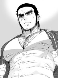 Rule 34 | 10s, 1boy, beard, buttons, chest hair, closed mouth, covered erect nipples, facial hair, golden kamuy, gradient background, greyscale, jacket, large pectorals, long sideburns, looking down, mabataki, male focus, monochrome, muscular, open clothes, open jacket, pectoral cleavage, pectorals, rakko-nabe, scar, scar on face, short hair, sideburns, solo, stubble, tanigaki genjirou, thick eyebrows, upper body, veins