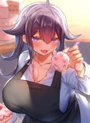 Rule 34 | 1girl, apron, black apron, blush, bowing, breasts, cake, cleavage, collarbone, food, hair between eyes, half-closed eyes, haruto (pokoten), holding, holding spoon, incoming food, large breasts, looking at viewer, matching hair/eyes, open mouth, original, pokoten (pokoten718), purple eyes, purple hair, smile, solo, spoon, upper body