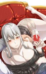 Rule 34 | 00s, 1girl, alcohol, bare shoulders, barefoot, breasts, cleavage, couch, cup, drinking glass, ebido, feet, highres, large breasts, long hair, pov, ribbed sweater, selvaria bles, senjou no valkyria (series), silver hair, smile, solo focus, sweater, thighs, wine, wine glass