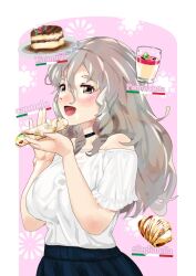 Rule 34 | 1girl, alternate costume, black skirt, brown eyes, commentary request, dessert, food, grey hair, hair between eyes, highres, igarashi mangou, kantai collection, off-shoulder shirt, off shoulder, pola (kancolle), shirt, skirt, solo, thick eyebrows, translation request, upper body, wavy hair, white shirt
