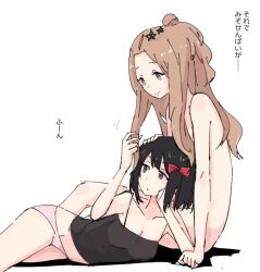 Rule 34 | 2girls, bangs pinned back, black camisole, black hair, bow, breasts, brown eyes, camisole, cleavage, closed mouth, clothed female nude female, commentary request, completely nude, hair bow, hair censor, hair ornament, hand on another&#039;s head, hibike! euphonium, hisaishi kanade, holding, holding hair, kenzaki ririka, lap pillow, light brown hair, liz to aoi tori, long hair, looking at another, lying, medium breasts, multiple girls, nude, on side, panties, pink panties, red bow, red eyes, shiroshi (denpa eshidan), short hair, simple background, sitting, smile, spaghetti strap, star (symbol), star hair ornament, underwear, white background, yuri