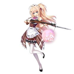 Rule 34 | 1girl, :d, ahoge, apron, black footwear, blonde hair, blouse, blush, bolt action, bow, bowtie, breasts, brown dress, clothes writing, clothing cutout, collared shirt, dango remi, dress, floating hair, full body, girls&#039; frontline, gun, hair ornament, hair ribbon, hanyang type 88 (east lake lotus) (girls&#039; frontline), hanyang type 88 (girls&#039; frontline), gewehr 88, headdress, heart, heart hair ornament, high heels, holding, holding weapon, lantern, large breasts, leg up, long hair, looking at viewer, maid headdress, official alternate costume, official art, one side up, open mouth, paper lantern, pinafore dress, pink bow, pink bowtie, pink ribbon, pumps, ribbon, rifle, shirt, shoulder cutout, sidelocks, sleeveless, sleeveless dress, sleeveless shirt, smile, sniper rifle, solo, thighhighs, transparent background, very long hair, waist apron, weapon, white shirt, white thighhighs