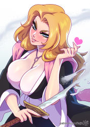 Rule 34 | 1girl, artist name, black kimono, bleach, blonde hair, blue eyes, breasts, cleavage, commentary, english commentary, heart, holding, holding sword, holding weapon, japanese clothes, kajin (kajinman), katana, kimono, large breasts, lips, long hair, looking at viewer, matsumoto rangiku, mole, mole under mouth, nail polish, parted lips, smile, solo, sword, upper body, weapon, wide sleeves