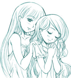 Rule 34 | 00s, 2girls, aqua theme, collarbone, closed eyes, frills, hanamoto hagumi, hand on another&#039;s shoulder, own hands clasped, honey and clover, kusui aruta, long hair, monochrome, multiple girls, own hands together, shirt, smile, white background, yamada ayumi