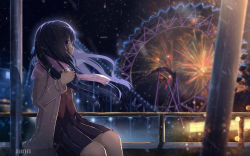 Rule 34 | 1girl, aerial fireworks, amusement park, artist name, backlighting, black hair, black skirt, blouse, blue eyes, blurry, blurry background, blurry foreground, blush, bokeh, brown coat, buttons, coat, commentary request, cup, depth of field, drink, drinking glass, ferris wheel, fireworks, floating hair, from side, hand up, highres, holding, holding cup, lights, long hair, looking afar, miniskirt, neon lights, night, night sky, open clothes, open coat, original, outdoors, parted lips, pink scarf, plaid, plaid scarf, pleated skirt, profile, railing, red shirt, roller coaster, scarf, shirt, sion005, sitting, skirt, sky, snowing, solo, unmoving pattern, wind, winter, winter clothes