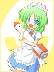 Rule 34 | 1girl, :d, apron, cop (shokkidana), green hair, maid, maid apron, maid headdress, mimi-chan, missile, hugging object, open mouth, radiation symbol, robot, ruukoto, smile, solo, touhou, touhou (pc-98)
