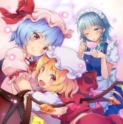 Rule 34 | 3girls, ;o, absurdres, apron, ascot, bat wings, bit (keikou syrup), blonde hair, blouse, blue dress, blue eyes, blue hair, blush, bow, braid, breasts, brooch, commentary request, cowboy shot, crystal, cup, dress, flandre scarlet, from behind, green bow, green ribbon, hair between eyes, hair bow, hand on another&#039;s head, hands up, hat, hat bow, head tilt, highres, holding, holding cup, izayoi sakuya, jewelry, looking at viewer, looking back, maid, maid apron, maid headdress, medium breasts, midriff peek, mob cap, multiple girls, neck ribbon, one eye closed, parted lips, pink dress, pink hat, puffy short sleeves, puffy sleeves, red bow, red eyes, red neckwear, red skirt, red vest, remilia scarlet, ribbon, saucer, shirt, short hair, short sleeves, siblings, silver hair, sisters, skirt, skirt set, sparkle, standing, teacup, touhou, twin braids, vest, waist apron, white apron, white hat, white shirt, wing collar, wings