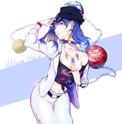 Rule 34 | 1girl, adjusting eyewear, alternate costume, bare shoulders, belt, blue eyes, blue hair, breasts, chain, cleavage, clothes pull, clothes writing, collar, collarbone, cowboy shot, crop top, cuffs, earrings, earth (ornament), eyewear on head, front-tie top, glasses, hand on own head, heart, hecatia lapislazuli, hecatia lapislazuli (earth), highres, jacket, jewelry, kagari6496, large breasts, leaning forward, looking at viewer, matching hair/eyes, mole, mole under eye, moon (ornament), navel, off-shoulder shirt, off shoulder, shirt, shirt pull, sketch, skirt, solo, stomach, sunglasses, t-shirt, tied shirt, touhou, white jacket, white skirt