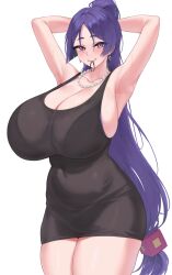 Rule 34 | 1girl, armpits, arms up, black dress, bra, bra peek, breasts, collarbone, cowboy shot, dress, earrings, fate/grand order, fate (series), hair ornament, high ponytail, highres, huge breasts, jewelry, kuavera, light blush, long hair, low-tied long hair, minamoto no raikou (fate), mouth hold, necklace, parted bangs, pearl necklace, purple bra, purple eyes, purple hair, see-through, simple background, skindentation, sleeveless, sleeveless dress, solo, steaming body, sweat, thick thighs, thighs, underwear, very long hair, white background