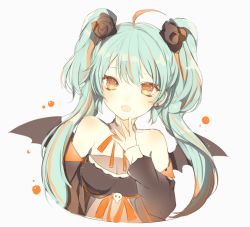 Rule 34 | 1girl, ahoge, bad id, bad tumblr id, bat wings, black flower, blue hair, breasts, cleavage, earrings, flower, hair flower, hair ornament, halloween, hatsune miku, jewelry, long hair, lpip, open mouth, orange eyes, see-through, small breasts, solo, twintails, vocaloid, white background, wings
