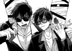 Rule 34 | 2boys, cigarette, collared shirt, cross, facial hair, glasses, hand up, highres, jacket, male focus, middle finger, mizuki7810, monochrome, mouth hold, multiple boys, nicholas d. wolfwood, open mouth, partially unbuttoned, shirt, short hair, sunglasses, trigun, trigun stampede, upper body, v-shaped eyebrows