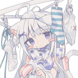 Rule 34 | 1girl, ahoge, animal ear fluff, animal ears, aqua socks, bare shoulders, blurry, blush, blush stickers, bow, bow bra, bow panties, bra, bra on head, cat ears, cat girl, cat tail, closed mouth, clothesline, collar, commentary, daizu (melon-lemon), drying, drying clothes, grey hair, hair ornament, hair ribbon, head tilt, heart, heart in eye, highres, holding, holding clothes, holding panties, holding underwear, long hair, looking at viewer, object on head, off shoulder, original, panties, purple eyes, purple ribbon, remote control vibrator, ribbon, sex toy, shirt, simple background, sleeveless, sleeveless shirt, socks, solo, spaghetti strap, star (symbol), star print, stray hair, striped clothes, striped socks, sweat, symbol in eye, tail, underwear, unworn panties, unworn socks, upper body, vibrator, white background, white bra, white hair, white panties, white shirt, x hair ornament