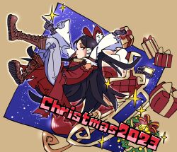 Rule 34 | 1girl, 2023, arms up, bell, belt, black eyes, black hair, boots, bow, box, brown background, brown belt, brown footwear, christmas, christmas wreath, closed mouth, coat, commentary request, cookie (touhou), detached sleeves, expressionless, full body, gift, gift box, gloves, gram 9, grey gloves, grey pants, hair bow, hakurei reimu, highres, lantern, long hair, looking at viewer, looking to the side, pants, pointing, red bow, red coat, scar, scar across eye, sidelocks, sleeveless, sleeveless coat, sleigh, solo, sparkle, torn clothes, torn sleeves, touhou, white sleeves, wreath, yuki haruka