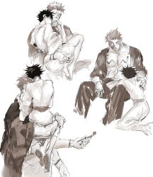 Rule 34 | 2boys, arm tattoo, barefoot, carrying, carrying person, chest tattoo, closed eyes, closed mouth, extra arms, extra eyes, facial tattoo, fushiguro megumi, height difference, highres, japanese clothes, jujutsu kaisen, kimono, kissing hand, leg tattoo, looking at another, male focus, multiple boys, muscular, muscular male, nail polish, pectorals, ryoumen sukuna (jujutsu kaisen), short hair, size difference, spiked hair, tattoo, wide sleeves, woshihedawei, yaoi
