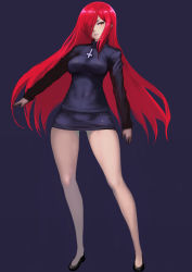 Rule 34 | 1girl, black dress, black footwear, breasts, covered navel, cross, dress, full body, gluteal fold, gradient background, hair over one eye, highres, johan (johan13), legs apart, long hair, long sleeves, looking at viewer, medium breasts, microdress, orange eyes, parasoul (skullgirls), parted lips, pink lips, red hair, shoes, skullgirls, solo, standing, tight clothes, tight dress, turtleneck, very long hair