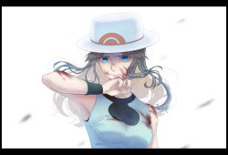Rule 34 | 1girl, absurdres, ayan ip, black wristband, blood, blood on face, blue eyes, blue shirt, breasts, brown hair, bucket hat, closed mouth, commentary request, covered collarbone, creatures (company), game freak, green (pokemon), hair flaps, hand up, hat, highres, letterboxed, long hair, medium breasts, nintendo, pokemon, pokemon adventures, shirt, sleeveless, sleeveless shirt, solo, upper body, white background, white hat, wristband
