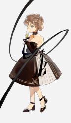 Rule 34 | 1girl, bare shoulders, black choker, black dress, black footwear, black gloves, brown hair, champagne flute, choker, cup, dress, drinking glass, elbow gloves, gloves, highres, kuribulb, looking at viewer, original, profile, shoes, short hair, simple background, solo, strapless, strapless dress, white background