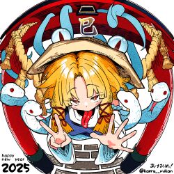 1girl 2025 artist_name blonde_hair blue_vest brown_hat chinese_zodiac commentary_request detached_sleeves dot_nose floating forked_tongue from_above hair_ribbon hands_up happy_new_year hat highres kaeru_mikan long_hair long_tongue looking_at_viewer moriya_suwako new_year open_hand orange_eyes red_eyes red_ribbon ribbon simple_background sleeves_past_wrists slit_pupils snake solo stone_floor tongue tongue_out torii touhou tress_ribbon twitter_username upper_body v vest white_background white_sleeves white_snake wide_sleeves year_of_the_snake