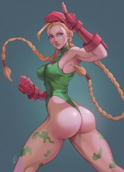 Rule 34 | 1girl, ass, beret, blonde hair, blue eyes, braid, breasts, cammy white, capcom, commentary, covered erect nipples, ed (edemevas), elbow gloves, english commentary, facial scar, fingerless gloves, floating hair, gloves, green leotard, hair behind ear, hat, highres, leotard, long hair, medium breasts, red gloves, red hat, salute, scar, scar on cheek, scar on face, solo, street fighter, twin braids, very long hair