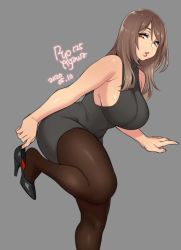 Rule 34 | 1girl, 2020, adjusting clothes, adjusting shoe, agawa ryou, artist name, bare shoulders, black footwear, breasts, brown eyes, brown hair, brown pantyhose, commentary, curvy, dated, dress, eyebrows hidden by hair, grey background, high heels, large breasts, looking at viewer, office lady, original, pantyhose, parted lips, shoe dangle, sideboob, signature, simple background, solo, swept bangs, thick thighs, thighs, turtleneck, turtleneck dress