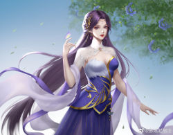 Rule 34 | 1girl, artist request, blue sky, bug, butterfly, earrings, falling leaves, flower, hagoromo, highres, index finger raised, insect, jewelry, leaf, long hair, looking at viewer, parted lips, purple eyes, purple hair, second-party source, shawl, sky, solo, sparkle, upper body, wanmei shijie, yun xi (wanmei shijie)
