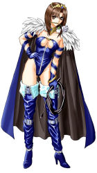 Rule 34 | 1girl, bdsm, blue footwear, blue thighhighs, boots, breasts, brown eyes, brown hair, cape, choker, dominatrix, flower, full body, gloves, groin, hand on own hip, high heel boots, high heels, hip focus, leaning, leotard, marie pandragon, mouth hold, rose, short hair, solo, tempest (game), the war of genesis, thigh boots, thighhighs, tiara, tony taka, whip, white flower, white rose
