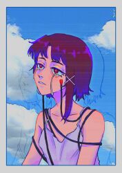 Rule 34 | 1girl, absurdres, border, bound, brown hair, cable, crying, crying with eyes open, dress, hair ornament, half-closed eyes, highres, iwakura lain, parted bangs, parted lips, red eyes, sainttufa, serial experiments lain, short hair with long locks, sky, sleeveless, sleeveless dress, solo, tears, tied up (nonsexual), x hair ornament