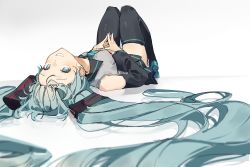 Rule 34 | 1girl, absurdly long hair, absurdres, aqua eyes, aqua hair, aqua nails, bare shoulders, black skirt, black thighhighs, boots, commentary, deitaku, forehead, grey shirt, grin, hair ornament, hands on stomach, hatsune miku, highres, knees up, long hair, looking at viewer, lying, miniskirt, nail polish, necktie, on back, on floor, pleated skirt, reflection, shirt, simple background, skirt, sleeveless, sleeveless shirt, smile, solo, steepled fingers, thigh boots, thighhighs, upside-down, very long hair, vocaloid, zettai ryouiki