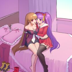 Rule 34 | 2girls, alternate hairstyle, asamiya athena, bed, bedroom, bodysuit, breasts, brown hair, cleavage, clothes pull, feet, fingerless gloves, french kiss, gloves, hair ribbon, highres, kiss, kula diamond, large breasts, legs, long hair, midriff, multiple girls, navel, open mouth, purple eyes, purple hair, red eyes, ribbon, sitting, skirt, smile, snk, solo, the king of fighters, thick thighs, thighs, tongue, tongue out, twintails, underwear, yuri