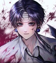 Rule 34 | 1boy, bandaged head, bandages, black eyes, black hair, black necktie, blood, blood on clothes, blood on face, chrollo lucilfer, dagger, earrings, highres, holding, holding dagger, holding knife, holding weapon, hunter x hunter, jewelry, knife, looking at viewer, male focus, necktie, nen (hunter x hunter), s2nakras2, scar, scar on face, shirt, short hair, solo, weapon, white shirt