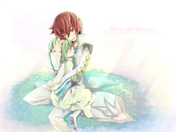 Rule 34 | 2boys, aqua hair, asbel lhant, blue eyes, capelet, coat, copyright name, closed eyes, highres, hug, lambda, multiple boys, open mouth, pants, red hair, shoes, short hair, tales of (series), tales of graces, wink