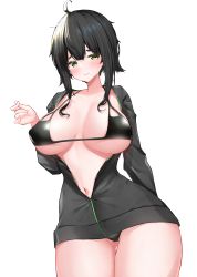 Rule 34 | 1girl, absurdres, ahoge, arm at side, arm up, bikini, black bikini, black hair, black hoodie, blunt bangs, blush, breasts, closed mouth, collarbone, commentary request, covered erect nipples, cowboy shot, expressionless, green eyes, highres, hood, hoodie, large breasts, mole, mole under mouth, nai (cnoadi8), navel, open clothes, open hoodie, original, see-through, sidelocks, simple background, solo, standing, swimsuit, thighs