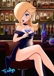 Rule 34 | absurdres, alcohol, bar (place), blonde hair, blue eyes, blush, bottle, breasts, cocktail glass, crossed legs, cup, dress, drinking glass, galaxy, glass, highres, lipstick, looking at viewer, makeup, mario (series), medium breasts, nintendo, off-shoulder dress, off shoulder, rosalina, side slit, signature, sparkle, super mario galaxy, ty wilgs