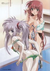 Rule 34 | 00s, 2girls, adjusting hair, ass, back, bent over, bikini, bikini pull, blue eyes, blush, breasts, brown eyes, censored, clothes pull, convenient censoring, highres, holding, holding own hair, leaning forward, lisianthus, locker, locker room, long hair, looking at viewer, looking back, medium breasts, megami magazine, multiple girls, nude, official art, open mouth, pointy ears, polka dot, polka dot bikini, polka dot swimsuit, primula, pulling own clothes, red hair, shuffle!, sideboob, silver hair, small breasts, standing, strap slip, swimsuit, towel, twintails, undressing, very long hair, watanabe ruriko, wet
