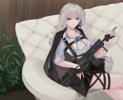 Rule 34 | 1girl, absurdres, apc556 (girls&#039; frontline), assault rifle, b&amp;t apc556, black jacket, braid, breasts, chest harness, cleavage, collared shirt, commission, couch, crossed legs, expressionless, fingerless gloves, french braid, girls&#039; frontline, gloves, green eyes, grey hair, gun, harness, highres, jacket, jacket on shoulders, large breasts, long hair, neck ribbon, pixiv commission, ribbon, rifle, shirt, sitting, skirt, solo, teizen (niwamaee), thigh strap, very long hair, weapon, white shirt