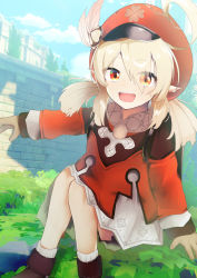 Rule 34 | 1girl, absurdres, ahoge, beret, blonde hair, brown gloves, cabbie hat, commentary request, dress, feathers, genshin impact, gloves, hat, highres, klee (genshin impact), long hair, long sleeves, looking at viewer, open mouth, outdoors, pointy ears, red dress, red eyes, red hat, smile, solo, twenter