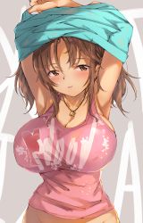 Rule 34 | 10s, 1girl, armpits, arms up, blush, breasts, brown eyes, brown hair, cleavage, highres, huge breasts, idolmaster, idolmaster cinderella girls, jewelry, looking at viewer, nametake (nekoyasya12172), necklace, parted lips, solo, tank top, totoki airi, twintails, undressing, upper body