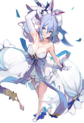 Rule 34 | 1girl, :d, arm up, armpits, ataruman, bare legs, bare shoulders, blue eyes, blue hair, braid, breasts, cleavage, commentary request, crown braid, elbow gloves, full body, gloves, granblue fantasy, hair between eyes, highres, large breasts, looking at viewer, open mouth, simple background, single elbow glove, smile, solo, sword, therese (granblue fantasy), weapon, white background, white gloves