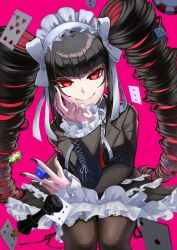Rule 34 | 1girl, black jacket, black nails, breasts, brown pantyhose, brown skirt, card, celestia ludenberg, chess piece, closed mouth, danganronpa: trigger happy havoc, danganronpa (series), dice, drill hair, earrings, frilled jacket, frilled skirt, frills, gothic lolita, highres, holding, jacket, jewelry, kusatakesi, large breasts, layered skirt, lolita fashion, long hair, long sleeves, nail polish, pantyhose, pink background, playing card, poker chip, red eyes, shiny clothes, simple background, skirt, smile, solo, twin drills, twintails