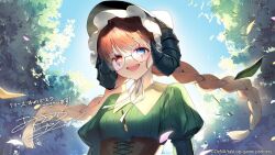 Rule 34 | 1girl, blue eyes, blue sky, daphnis and chloe (takt op.), day, dress, glasses, green dress, hat, heterochromia, long hair, looking at viewer, official art, orange eyes, orange hair, sky, smile, takt op., takt op. symphony, very long hair