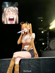 Rule 34 | 2girls, ;o, absurdres, animal ears, bare shoulders, belt, blunt bangs, breasts, camisole, cat ears, cleavage, commentary, crop top, detached sleeves, fake animal ears, feet out of frame, highres, holding, holding microphone, long sleeves, looking at viewer, medium breasts, microphone, midriff, multiple girls, navel, one eye closed, open mouth, orange hair, original, pinepin, rara (pinepin), sitting, spaghetti strap, thighs, twintails, white belt